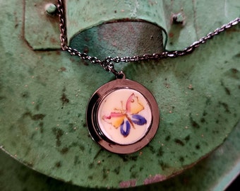 Vintage Broken China Crown Staffordshire Beautiful Butterfly Pendant Necklace