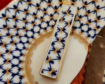 Vintage Broken China "Cobalt Net" by Lomonosov Porcelain Long Rectangle Pendant Necklace