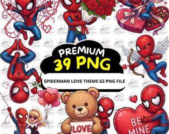 Clipart thème amour SpiderMan | 39 designs PNG de super-héros (téléchargement instantané)