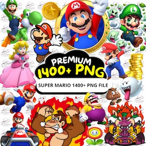 May include: A collection of Super Mario characters in various poses, including Mario, Luigi, Princess Peach, and Donkey Kong. The image includes the text "PREMIUM 1400+ PNG" and "SUPER MARIO 1400+ PNG FILE". There are also gold coins and other game elements.