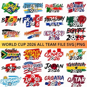 Puede incluir: Un conjunto de archivos SVG y PNG con logotipos para la Copa del Mundo de 2026. Cada logotipo muestra la bandera de un país, su nombre, un balón de fútbol y el año 2026. Los países incluyen Brasil, Argentina, Portugal, Noruega, etc.