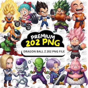 May include: A digital illustration featuring multiple characters from Dragon Ball Z. The characters are in a chibi style, with vibrant colors and dynamic poses. The image includes the text "PREMIUM 202 PNG" and "DRAGON BALL Z 202 PNG FILE".