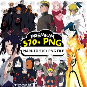 May include: A digital graphic featuring multiple anime characters from the Naruto series. The image includes characters in various poses and outfits, with the text "PREMIUM 570+ PNG" and "NARUTO 570+ PNG FILE".
