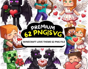 Pack PNG Thème Amour Minecraft | 62 cliparts animés mignons | Designs de coeur de couple gamer | Mug autocollant pour t-shirt | Téléchargement instantané