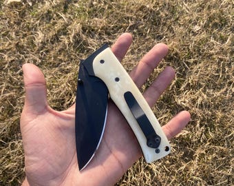 Custom Handmade folder blade Ivory Bone Handle Black - Pancake leather cover