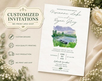 Lake Wedding Invitation, Rustic Waterfront Invitation, 5x7 Invite, Printed and Shipped