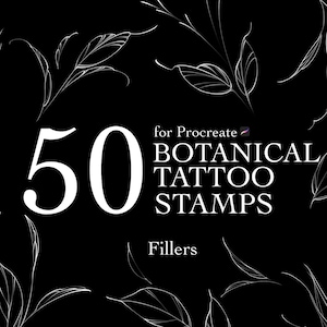 Pode incluir: Fundo preto com arte linear botânica branca e o texto "50 for Procreate BOTANICAL TATTOO STAMPS Fillers". A imagem apresenta vários desenhos de folhas e caules, ideal para arte digital e design de tatuagens.