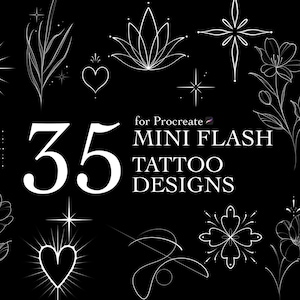 Könnte beinhalten: Schwarzer Hintergrund mit weißen Tattoo-Designs in Linienzeichnung. Das Bild enthält florale, sternförmige und geometrische Formen sowie den Text "35 Mini Flash Tattoo Designs für Procreate."