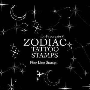以下が含まれることがあります： 黒い背景に、星座、星、三日月の白いイラスト。テキストは「ZODIAC TATTOO STAMPS」と「Fine Line Stamps」で、その上に「for Procreate」と書かれています。天体のテーマ。