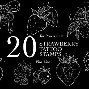 Puede incluir: Una colección digital de 20 sellos de tatuaje de fresa en línea blanca sobre un fondo negro. El conjunto incluye varias ilustraciones de fresas, incluyendo fresas con lazos, fruta cortada y personajes de fresa caprichosos.