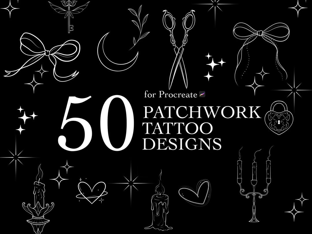 50 Patchwork Tattoo Procreate Stamps | Tiny Fine Line Flash Set ...