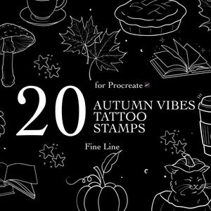 May include: A digital collection of 20 autumn vibes tattoo stamps for Procreate featuring white line art illustrations on a black background. Designs include a mushroom, maple leaves, a pie, books, an acorn, a coffee cup, and a cat in a pumpkin.