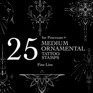 Peut inclure: Fond noir avec des motifs de tampons de tatouage ornementaux blancs. Le chiffre "25" est au centre, avec le texte "for Procreate, MEDIUM ORNAMENTAL TATTOO STAMPS, Fine Line."