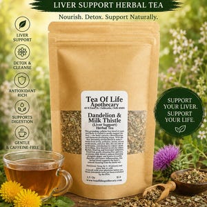 May include: A tan pouch of Dandelion & Milk Thistle herbal tea with a clear window showing the loose leaf blend. The label reads Tea Of Life Apothecary, Dandelion & Milk Thistle, 1.5 oz, and includes text about liver support and ingredients.