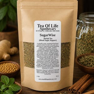 May include: A brown paper bag of SugarWise Herbal Tea from Tea Of Life Apothecary. The label includes the product name, ingredients, and directions. The bag is 28g and is surrounded by wooden bowls, a glass jar, cinnamon sticks, and a wooden spoon.