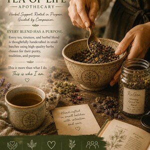 Brand story image from Tea of Life Apothecary showing hands blending loose leaf herbs in a ceramic bowl, representing the handcrafted, small-batch process behind every herbal tea and tincture. The image highlights natural wellness, quality ingredients, whole-person care, and the Tea of Life philosophy: Real Plants. Real Benefits. Real Support.
