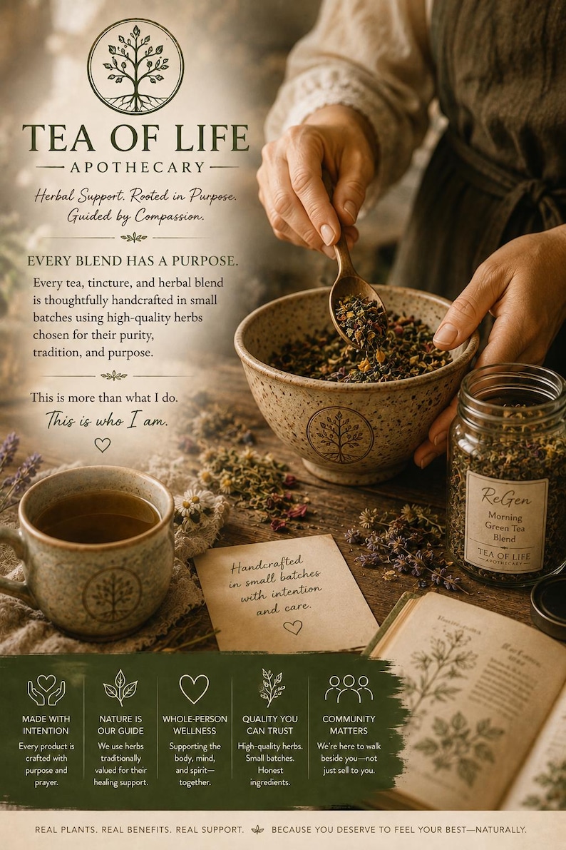 Brand story image from Tea of Life Apothecary showing hands blending loose leaf herbs in a ceramic bowl, representing the handcrafted, small-batch process behind every herbal tea and tincture. The image highlights natural wellness, quality ingredients, whole-person care, and the Tea of Life philosophy: Real Plants. Real Benefits. Real Support.