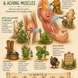May include: An illustrated infographic detailing herbs for inflammation and aching muscles. The image shows illustrations of turmeric, ginger root, white willow bark, oregano, cinnamon, rosemary, peppermint, and black pepper, with text describing their benefits.