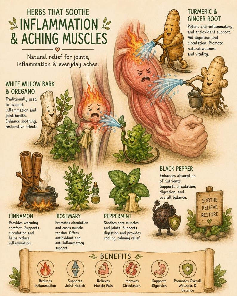 May include: An illustrated infographic detailing herbs for inflammation and aching muscles. The image shows illustrations of turmeric, ginger root, white willow bark, oregano, cinnamon, rosemary, peppermint, and black pepper, with text describing their benefits.