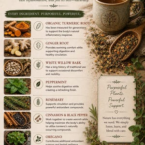 Educational infographic for Tame The Flame Herbal Tea by Tea of Life Apothecary featuring the functional herbs that make up this caffeine-free loose leaf blend. Highlights organic turmeric root, ginger root, white willow bark, peppermint, rosemary, cinnamon, black pepper, and oregano, explaining how each herb supports the body's natural inflammatory response, healthy circulation, digestive comfort, mobility, and overall wellness. Rustic botanical design with handcrafted herbal tea imagery.