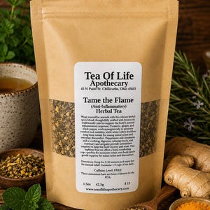 Tame the Flame Anti-Inflammatory Herbal Tea by Tea of Life Apothecary displayed with ginger, turmeric, peppermint, and herbal ingredients in a warm rustic wellness setting