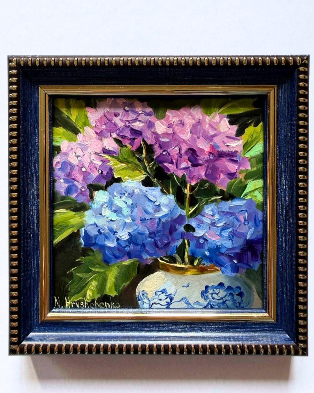 Blue Hydrangea Oil Painting Original Art, Small Framed Floral Still ...