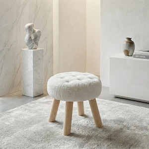 Flower Velvet Vanity Stool - French Bobbin Footstool for Bedroom & Living Room - Aesthetic Shoe Changing Ottoman - Cute Small Round Stool