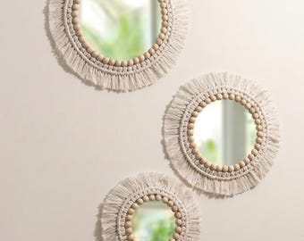 Boho Macrame Wall Mirror Set of 3 - Decorative Woven Tassel Mirrors for Home Decor