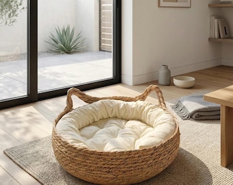 Cuccia per gatti in vimini naturale intrecciata a mano | Comoda cuccia per animali domestici adatta a tutte le stagioni