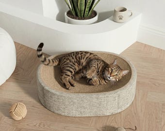 2 in 1 Oval Sisal Cat Scratcher Bed - Natural Sisal Scratching Pad for Furniture Protection - Durable Cat Grinding Claw Toy & Cozy Nest