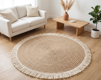 Alfombra redonda de algodón estilo bohemio con borlas - Alfombra circular tejida - Decoración minimalista escandinava para habitación infantil - Felpudo elegante de estilo bohemio para la entrada