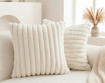 Luxury Faux Fur Pillow Case - Ultra Soft Striped Plush Cushion Cover - Minimalist Decorative Throw Pillow for Sofa & Cozy Bedroom Decor