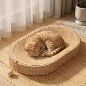 Könnte beinhalten: Eine schlafende orangefarbene Tabby-Katze liegt in einem beigen, ovalen Haustierbett. Das Bett besteht aus gewebtem Material und hat ein kleines, baumelndes Spielzeug. Die Katze liegt zusammengerollt auf dem Bett, das auf einem Holzboden steht.