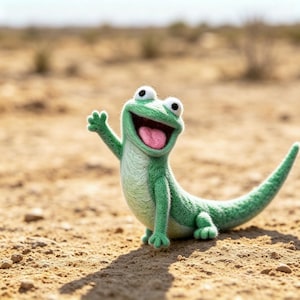 May include: A whimsical, green felt lizard with a friendly expression. The lizard is waving with its right hand and has a pink tongue sticking out. The background is a sandy, desert-like environment.