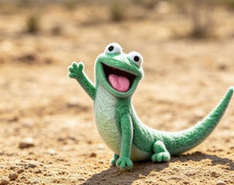 Statuetta di lucertola Tom realizzata in feltro ad ago / Personaggio da collezione HOPPERS, giocattolo in lana da 7,5-10 cm