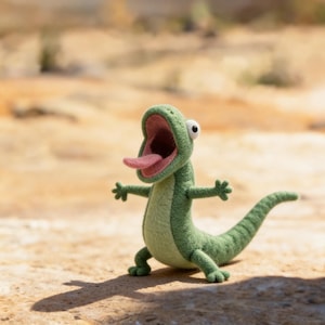 Puede incluir: Un lagarto de fieltro verde hecho a mano con la boca abierta y la lengua rosa. El lagarto tiene ojos grandes y brazos extendidos, como si rugiera. El fondo es un paisaje arenoso borroso, que recuerda a un desierto.