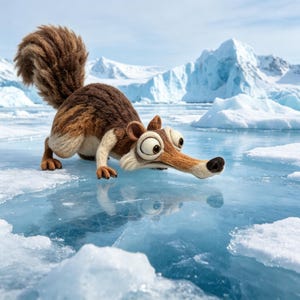 Op de afbeelding: Een cartoon eekhoorn met bruine en bruingele vacht, grote ogen en een lange snuit, hurkt op een bevroren meer. De achtergrond toont besneeuwde bergen en ijsbergen onder een blauwe lucht, wat een winters tafereel creëert.