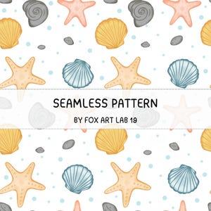 Patrón sin costuras de conchas marinas / Papel digital oceánico / Descarga digital imprimible de estrellas de mar y conchas