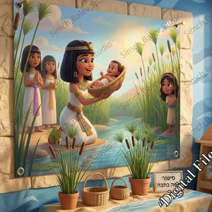 Puede incluir: Una colorida ilustración representa a una mujer egipcia sosteniendo a un bebé en una cesta cerca de un río. Otras mujeres están cerca. La escena está ambientada sobre un fondo de juncos y un cielo soleado. La obra de arte se muestra en una pared.