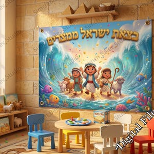 Puede incluir: Una colorida pancarta con texto hebreo y una ilustración de niños y animales cerca de una gran ola. La pancarta está colgada en una pared de ladrillo en un cuarto de juegos. Una pequeña mesa y sillas están al frente.