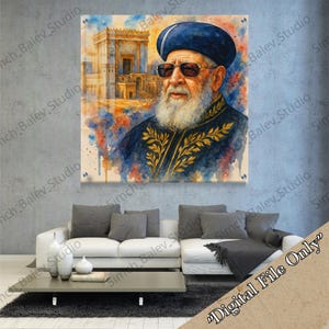 Può includere: Ritratto ad acquerello di un uomo con cappello blu e occhiali da sole, con barba bianca e giacca blu scuro con dettagli dorati. Lo sfondo presenta un edificio e schizzi di vernice colorati. Il testo "Digital File Only" è in basso a destra.