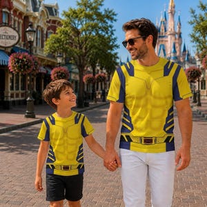 Peut inclure: Deux t-shirts à manches courtes assortis arborant un imprimé de costume de super-héros jaune et bleu avec un design de torse musclé et une ceinture utilitaire. Les t-shirts sont portés avec un short noir et un pantalon blanc en extérieur.