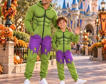 Halloween Green Superhero Cosplay Jumpsuit, Green Muscle Costume Onesie, Hero Party Outfit, Family Matching Halloween Costume