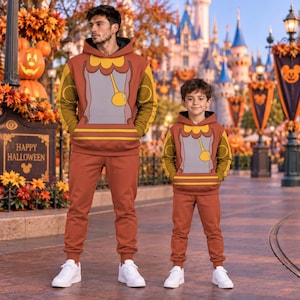 Peut inclure: Deux ensembles assortis composés de sweats à capuche et de pantalons de jogging couleur rouille, arborant un imprimé graphique représentant un personnage horloge avec un pendule jaune. Les sweats ont des manches longues et une poche avant.