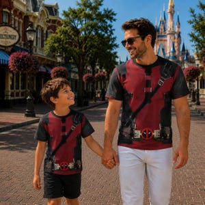 Peut inclure: Deux t-shirts à manches courtes arborant un imprimé de costume de Deadpool rouge et noir avec une ceinture utilitaire, une bandoulière et une boucle à logo circulaire. Les t-shirts sont portés par un adulte et un enfant en extérieur.