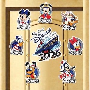 May include: A collection of Disney-themed stickers featuring Mickey Mouse, Minnie Mouse, Donald Duck, Daisy Duck, Pluto, Goofy, and Chip and Dale. The stickers include the text "My First Disney Cruise" and "2026", with space for a name.