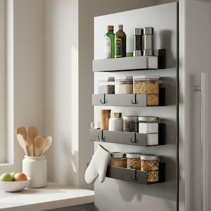 Puede incluir: Un conjunto de cuatro estantes magnéticos grises fijados a un refrigerador de acero inoxidable. Los estantes contienen varios frascos de vidrio, botellas de aceite, saleros y pimenteros, y un guante de cocina blanco. Los estantes tienen ganchos negros.