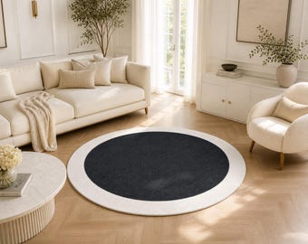 Hand Tufted Wool Round Rug Black Ivory Minimalist Circle Carpet Modern Area Rug Neutral Living Room Decor Custom Size
