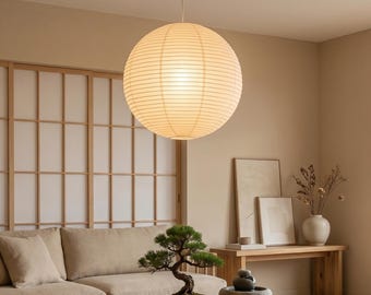 Lámpara colgante de farol de papel Japandi / Pantalla colgante minimalista Wabi Sabi, iluminación moderna para loft