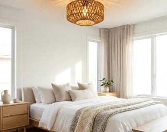 Handwoven Rattan Pendant Lamp, Natural Bamboo Style Ceiling Light Fixture